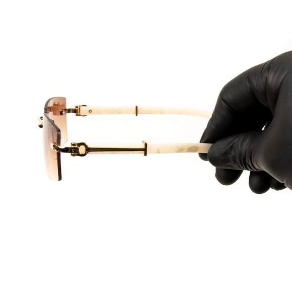 Retro Gold Frame Brown Tint Rimless Buffs White Woodgrain Arm Sunglasses - Picture 5 of 7